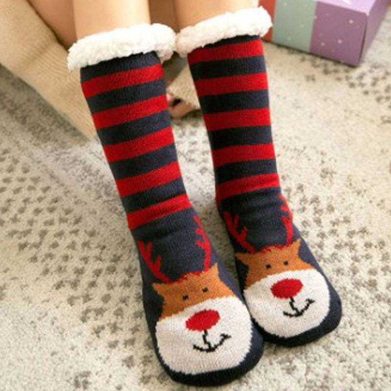 Christmas Socks Plush Coral Fleece Winter Home Floor Socks Red and Blue Slipper Socks - Elk -