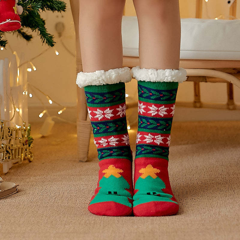Christmas Socks Plush Coral Fleece Winter Home Floor Socks Green Slipper Socks - Christmas Tree -