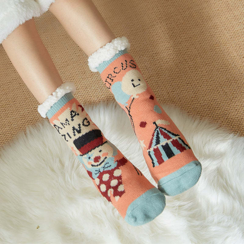 Christmas Socks Plush Coral Fleece Winter Home Floor Socks Orange Pink Slipper Socks - Snowman -