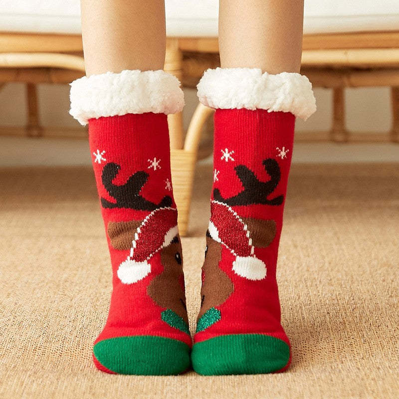 Christmas Socks Plush Coral Fleece Winter Home Floor Socks Red Slipper Socks - Deer -