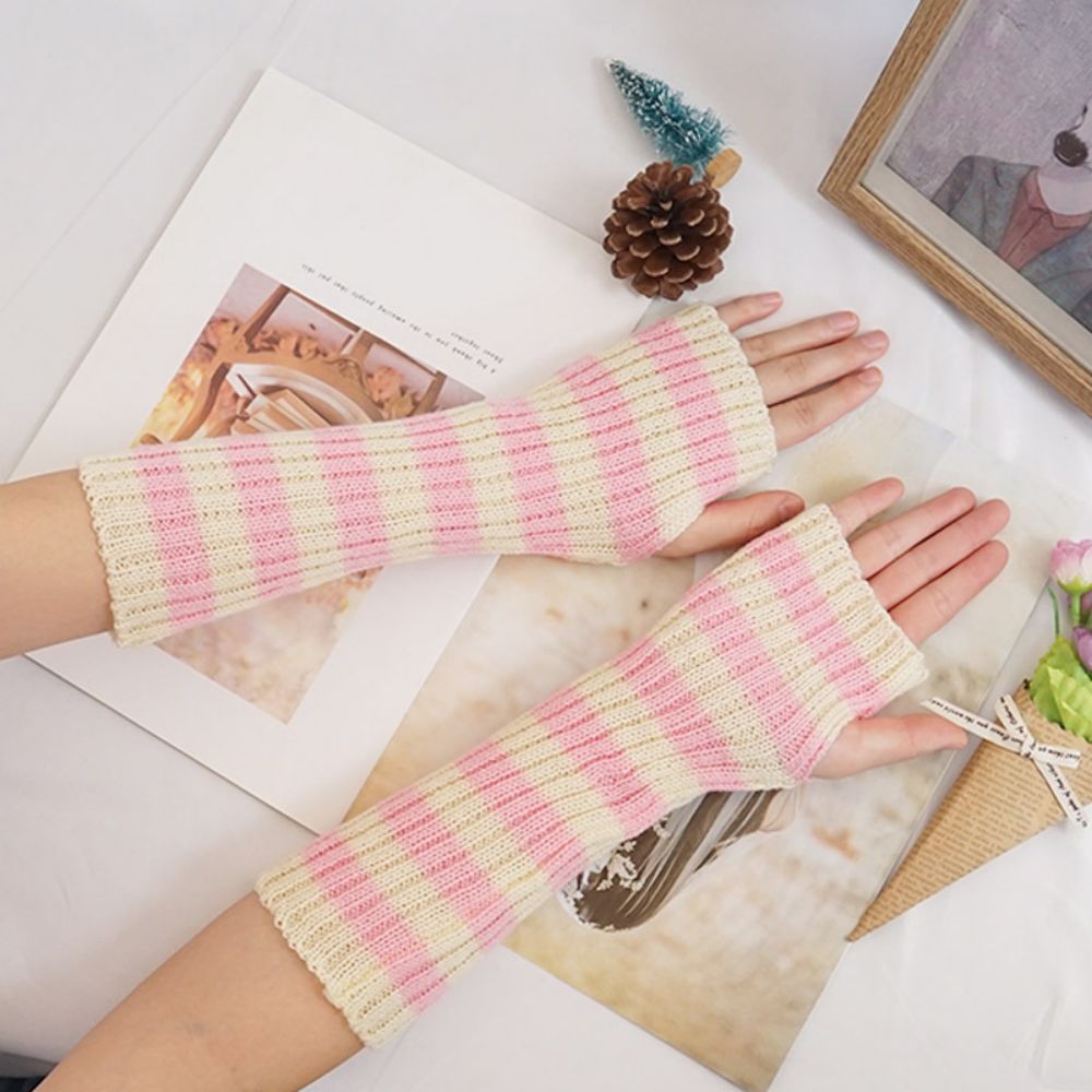 Knitted Chunky Striped Arm Cover Mid Length Winter Warm Half Finger Gloves -