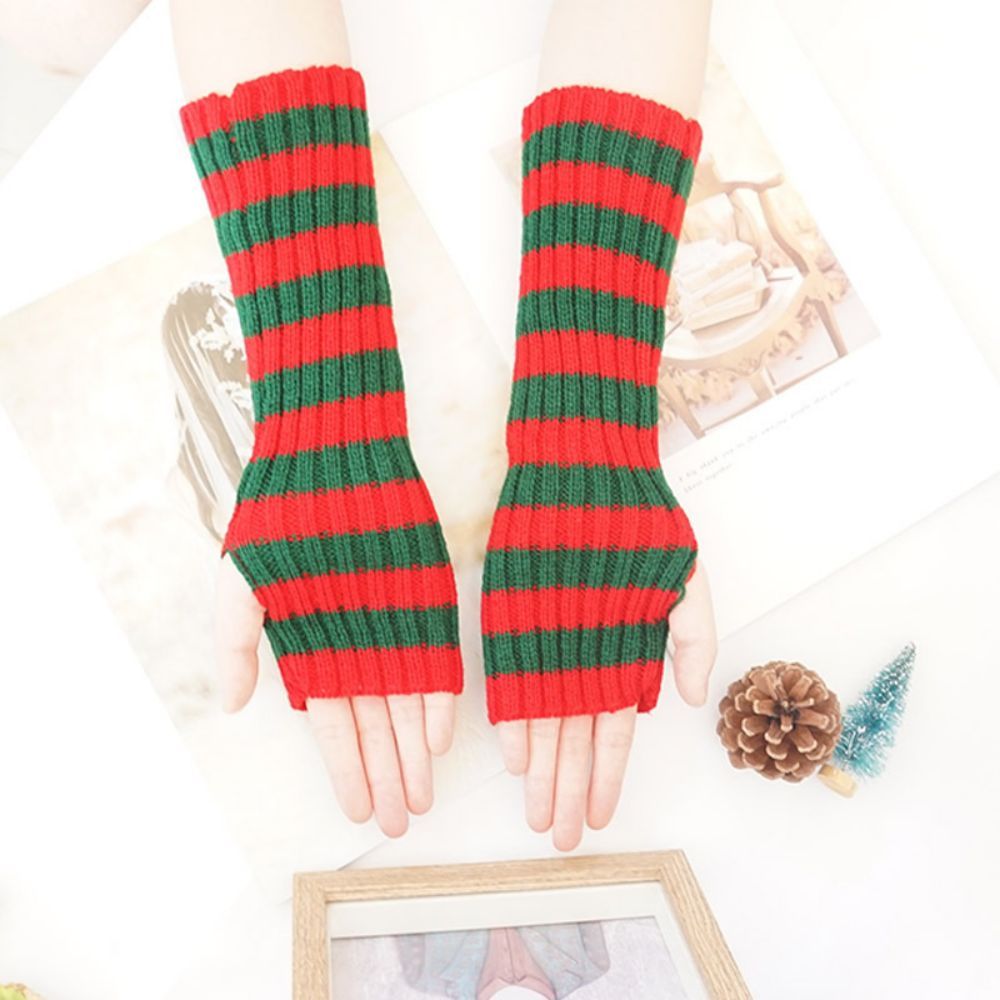 Knitted Chunky Striped Arm Cover Mid Length Winter Warm Half Finger Gloves -