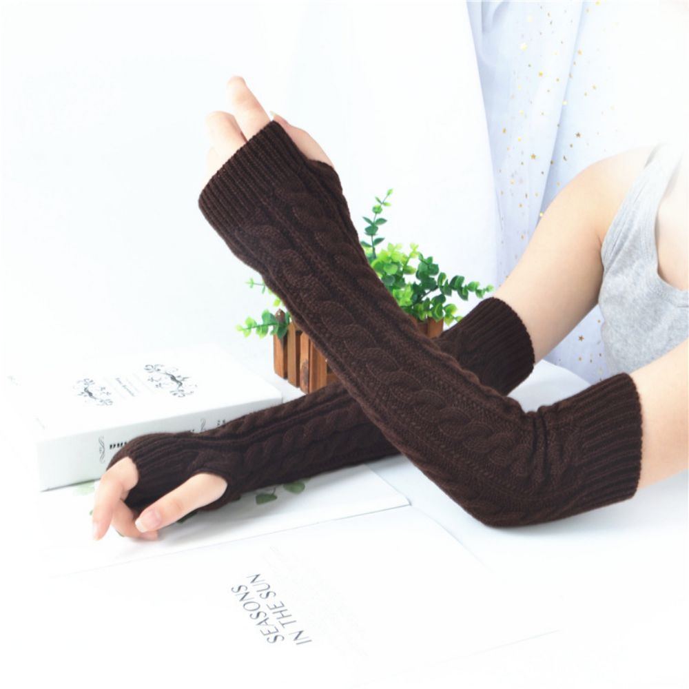 Winter Wool Long Fingerless Gloves Ladies Warm Knit Fingerless Sleeves -