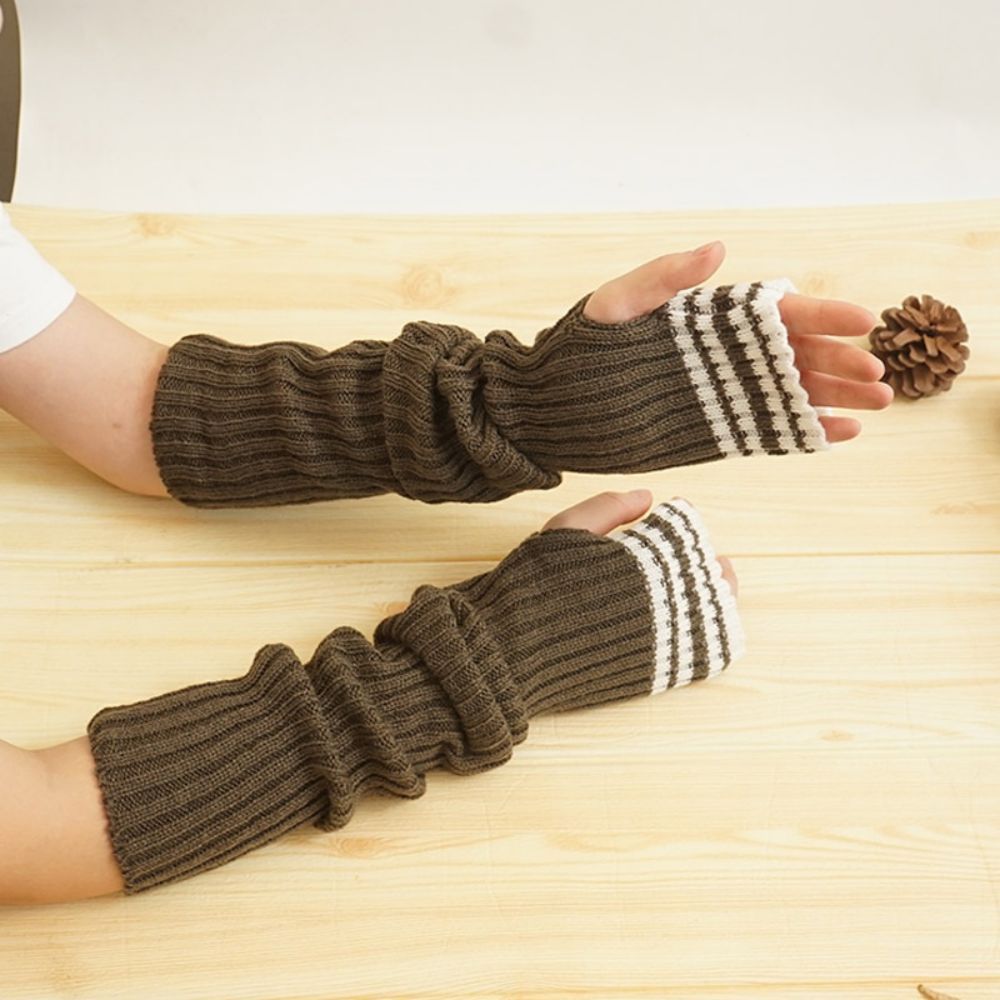 Arm Sleeve Winter Long Striped Cold Warm Wool Half Finger Knit Gloves -