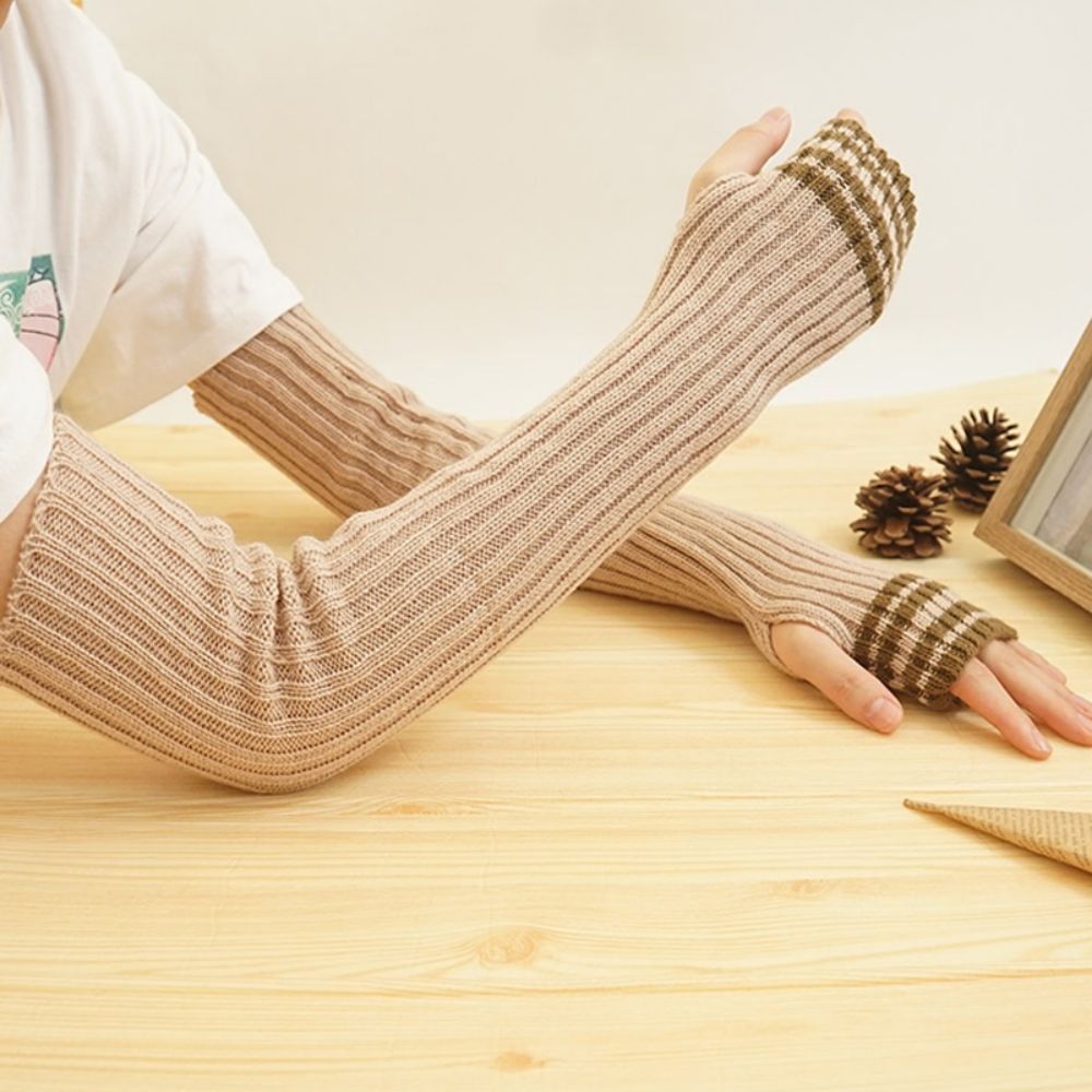 Arm Sleeve Winter Long Striped Cold Warm Wool Half Finger Knit Gloves -