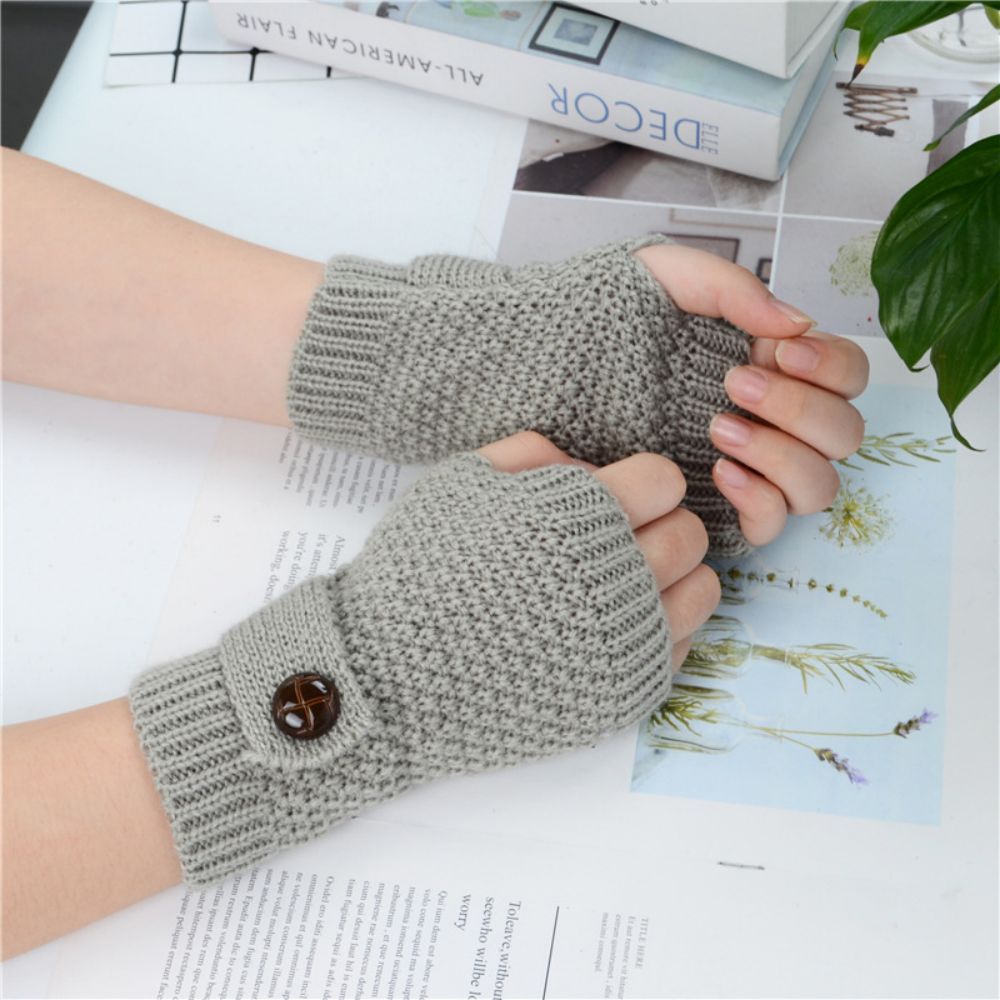 Knitted Wool Half Finger Short Gloves Adult Female Pineapple Button Winter Half Fingerless Gloves -