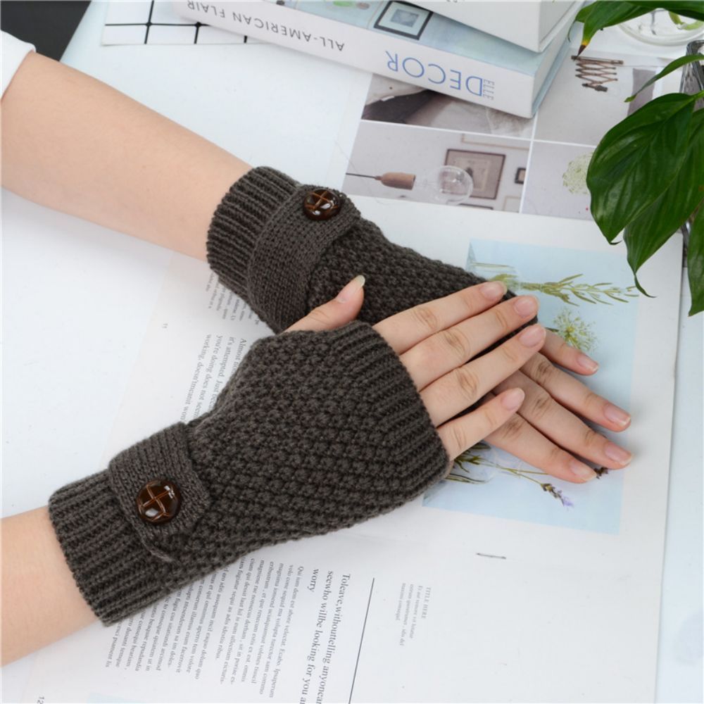 Knitted Wool Half Finger Short Gloves Adult Female Pineapple Button Winter Half Fingerless Gloves -