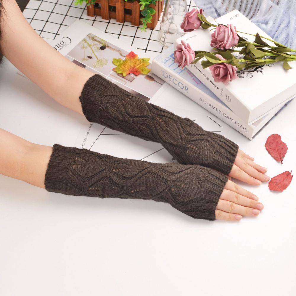 Women's Winter Knitted Leaf Pattern Mid-Length Warm Arm Cover -