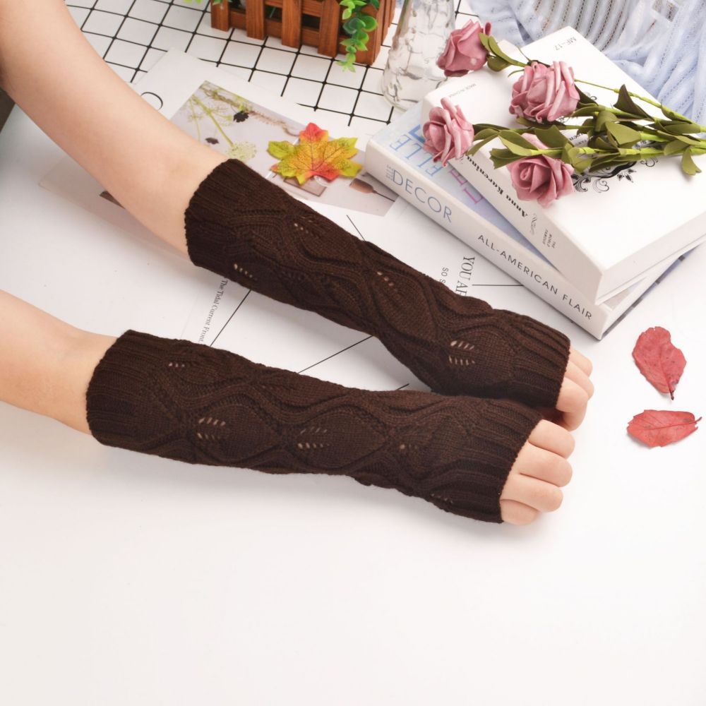 Women's Winter Knitted Leaf Pattern Mid-Length Warm Arm Cover -
