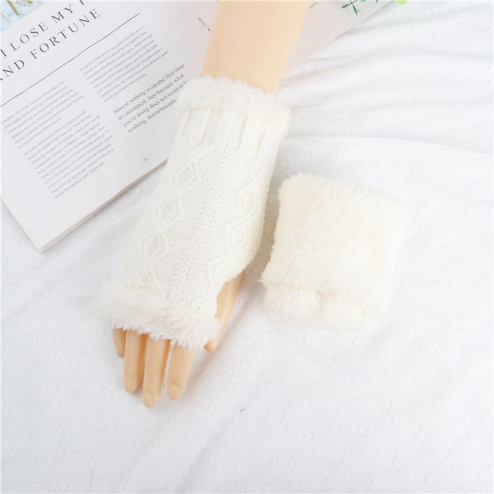 Knitted Half-finger Diamond Plus Velvet Thick Short Gloves To Keep Warm In Winter -