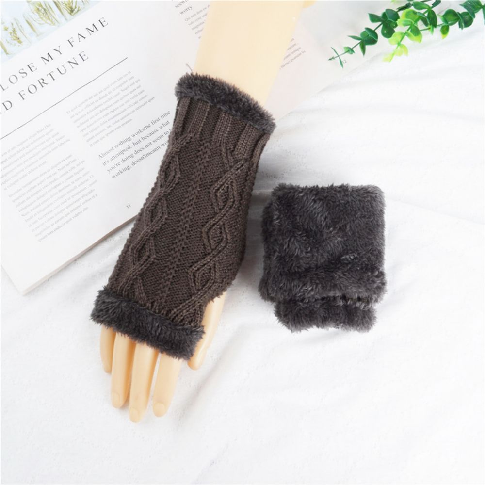 Knitted Half-finger Diamond Plus Velvet Thick Short Gloves To Keep Warm In Winter -