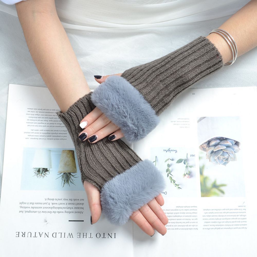 Winter Cycling Warm Stretch Knit Cropped Solid Half Finger Gloves -