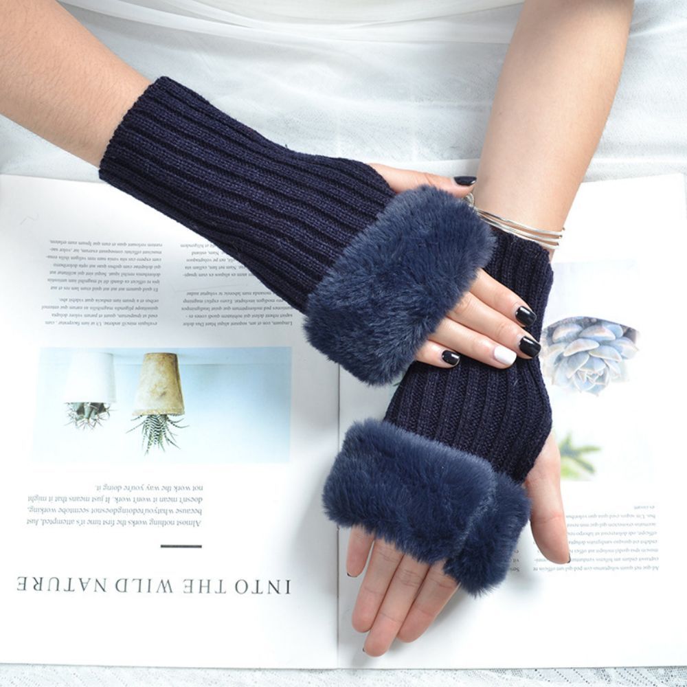 Winter Cycling Warm Stretch Knit Cropped Solid Half Finger Gloves -