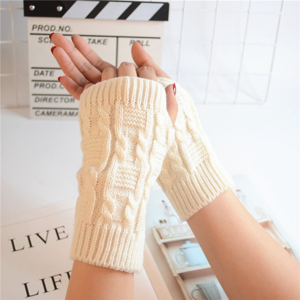Winter Women's Pattern Knitted Wool Fingerless Solid Color Threaded Half Finger Gloves -