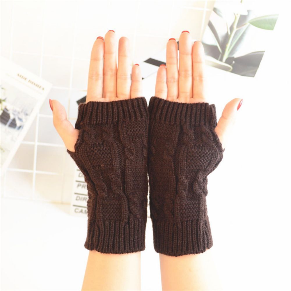 Winter Women's Pattern Knitted Wool Fingerless Solid Color Threaded Half Finger Gloves -