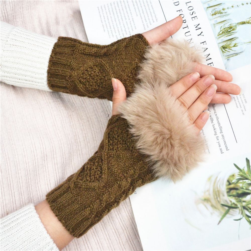 Winter Warm Women's Half Finger Short Fleece Two Rhombus Fingerless Gloves -