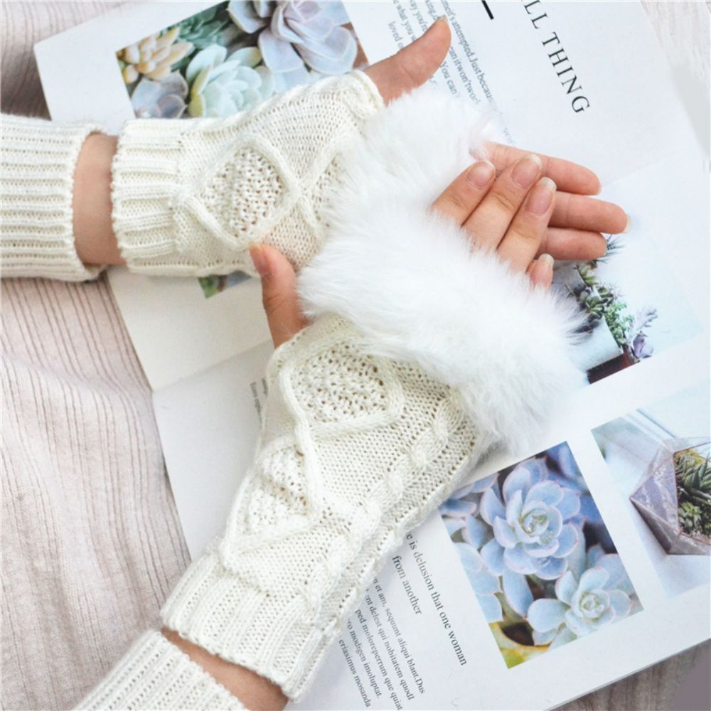 Winter Warm Women's Half Finger Short Fleece Two Rhombus Fingerless Gloves -
