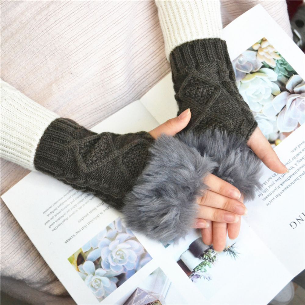 Winter Warm Women's Half Finger Short Fleece Two Rhombus Fingerless Gloves -