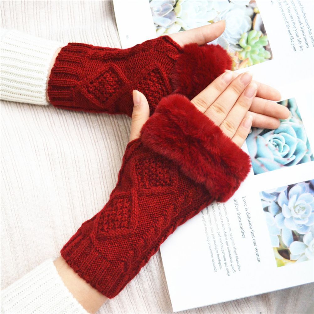 Winter Warm Women's Half Finger Short Fleece Two Rhombus Fingerless Gloves -