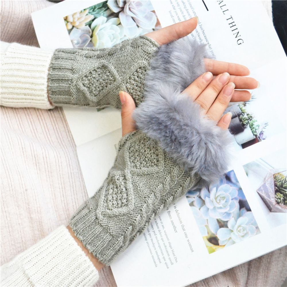 Winter Warm Women's Half Finger Short Fleece Two Rhombus Fingerless Gloves -