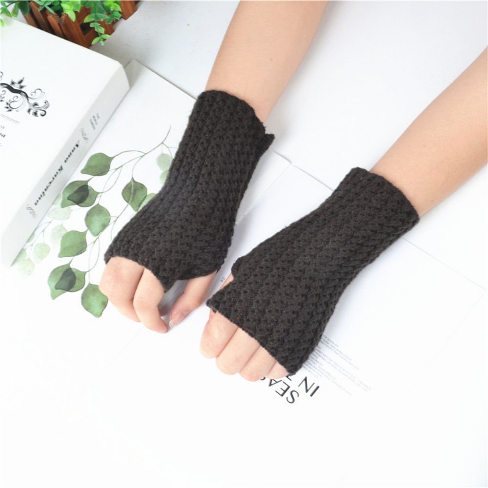 Knitted Half Finger Mesh Fingerless Gloves Solid Color Warm Women's Short Gloves -