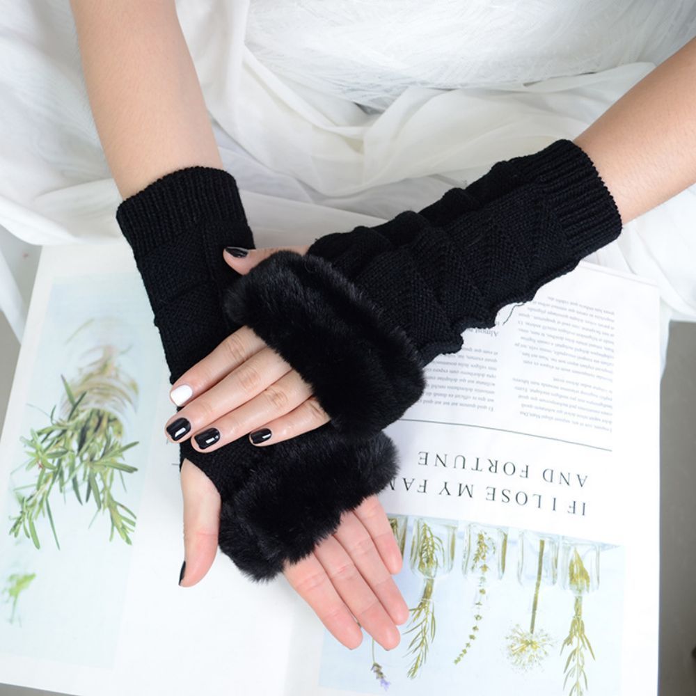 Winter Stretch Women's Fleece Knitted Half Finger Triangle Block Short Gloves -