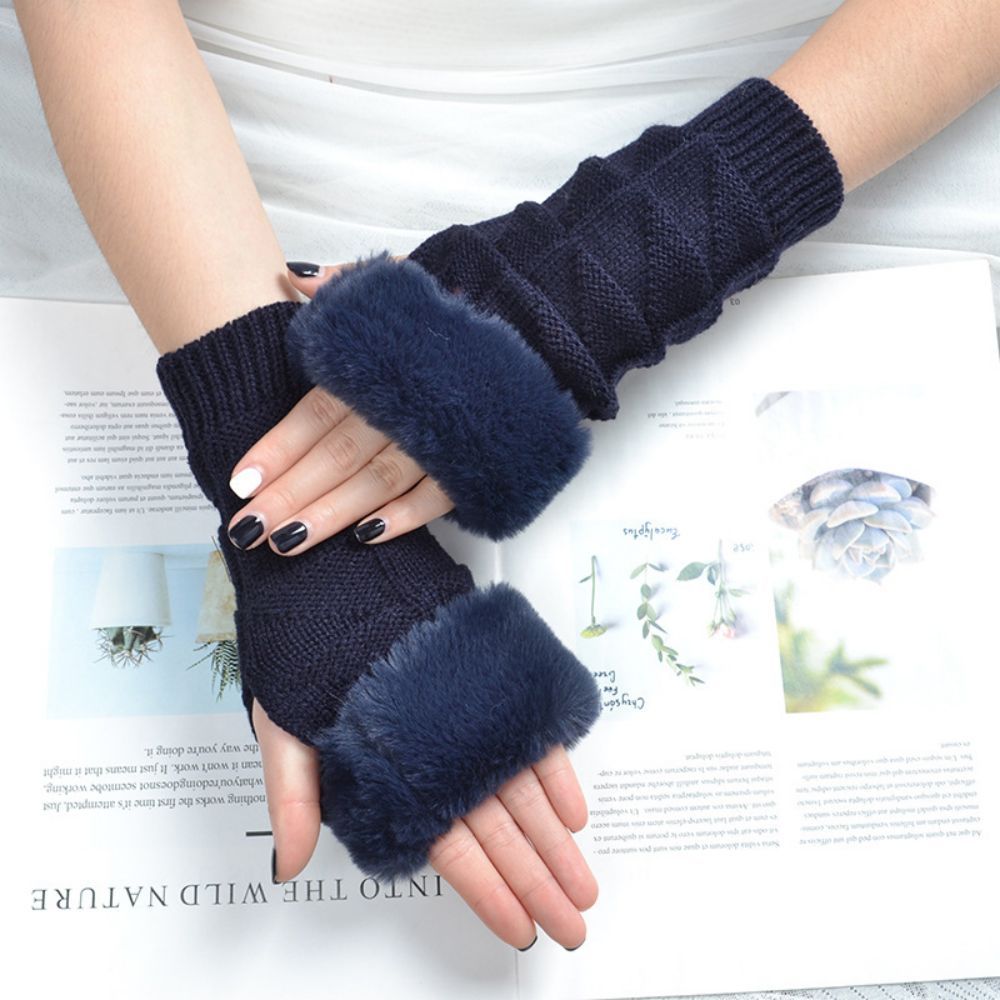 Winter Stretch Women's Fleece Knitted Half Finger Triangle Block Short Gloves -