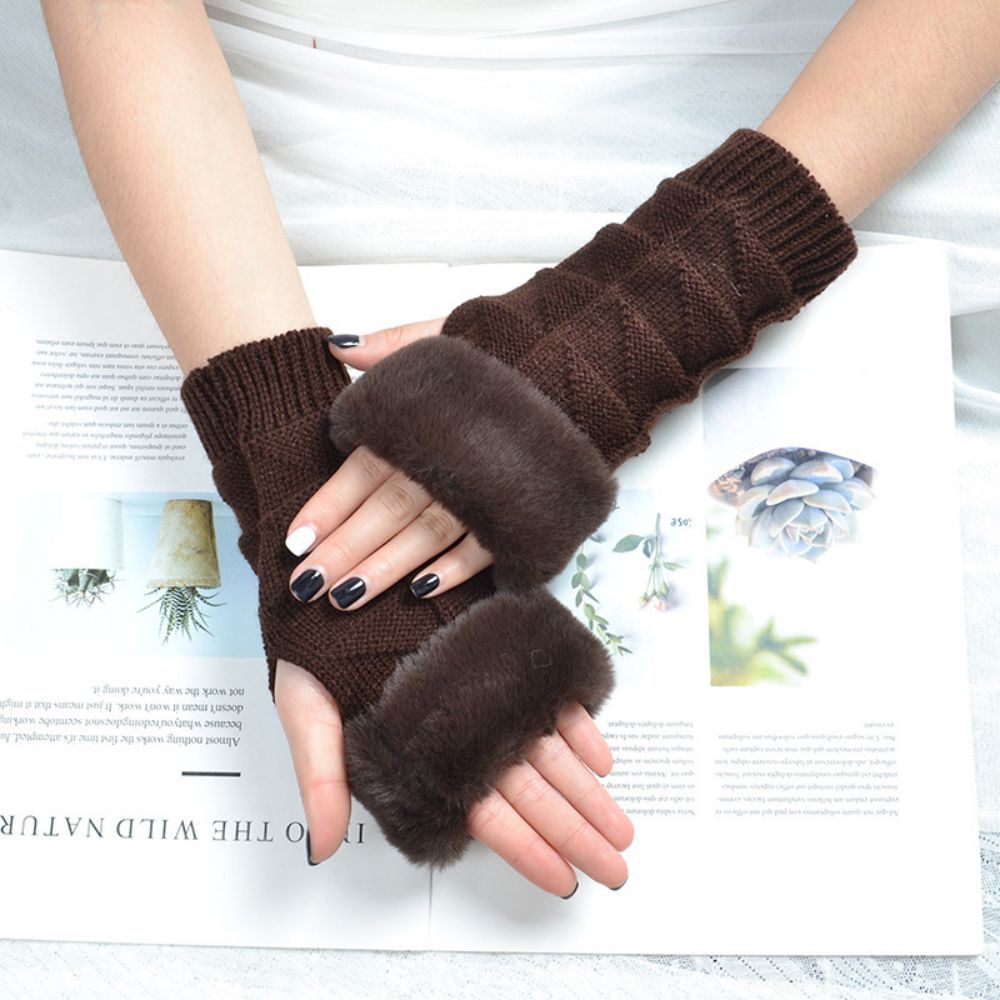 Winter Stretch Women's Fleece Knitted Half Finger Triangle Block Short Gloves -
