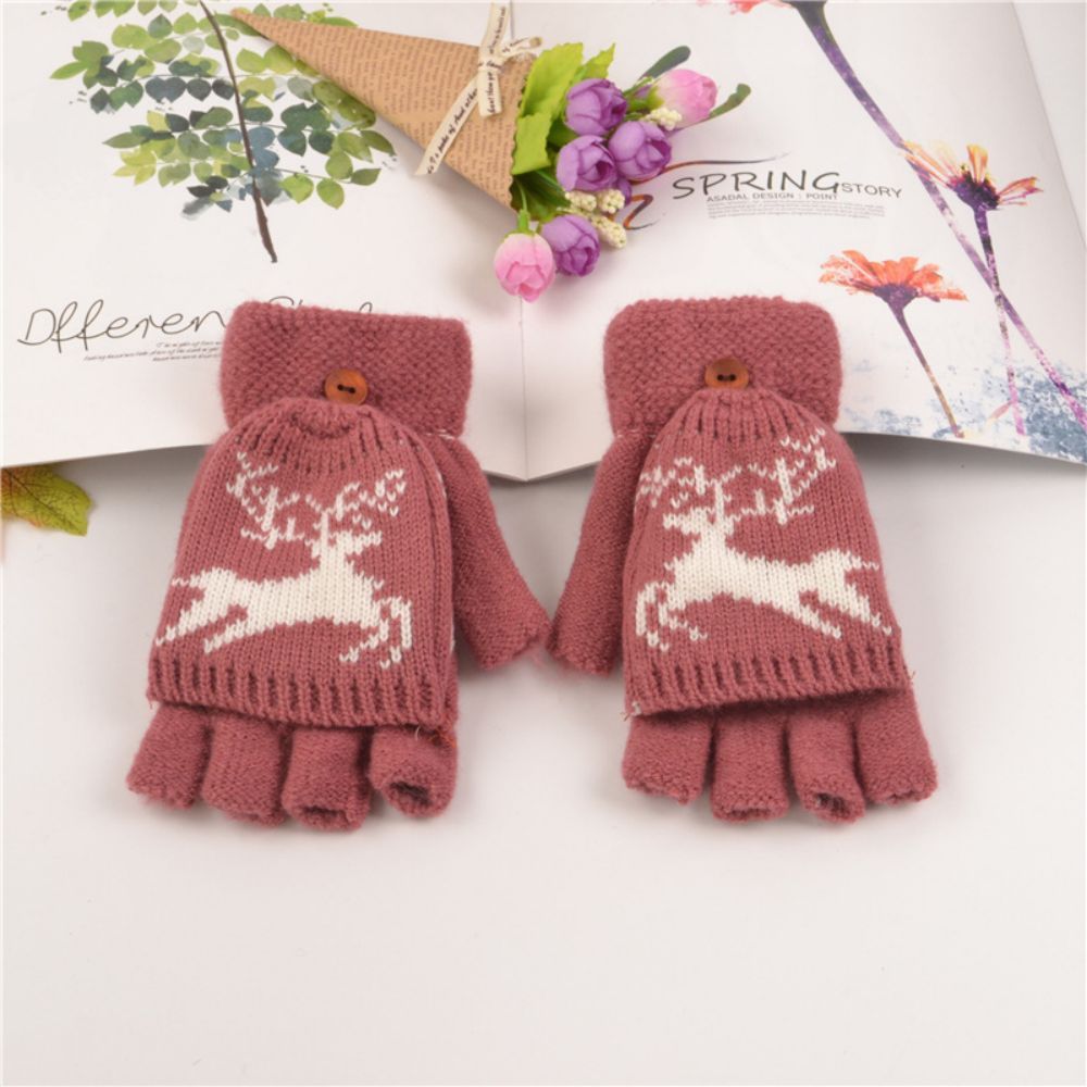 Gloves Female Adult Winter Fingerless Flip Fawn Half Finger Warm Knitted Gloves -