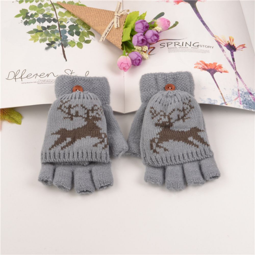Gloves Female Adult Winter Fingerless Flip Fawn Half Finger Warm Knitted Gloves -
