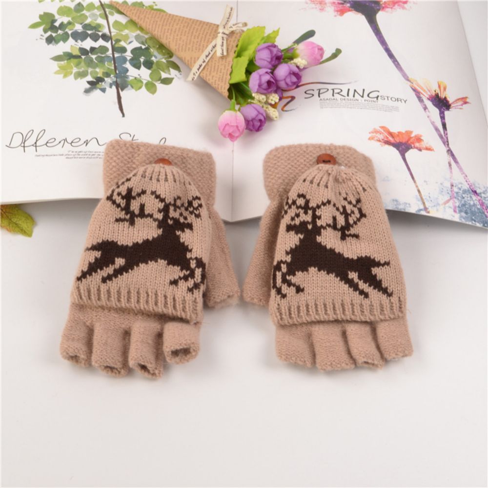 Gloves Female Adult Winter Fingerless Flip Fawn Half Finger Warm Knitted Gloves -