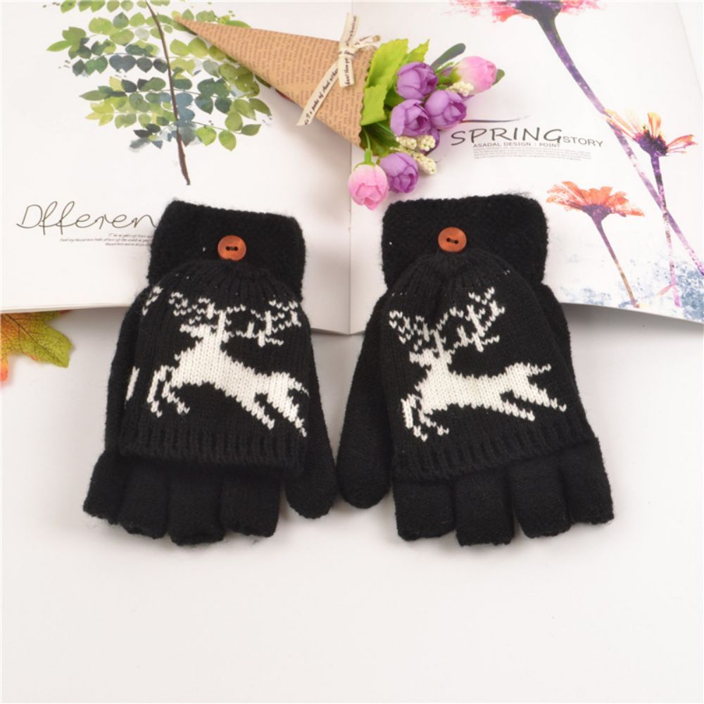 Gloves Female Adult Winter Fingerless Flip Fawn Half Finger Warm Knitted Gloves -