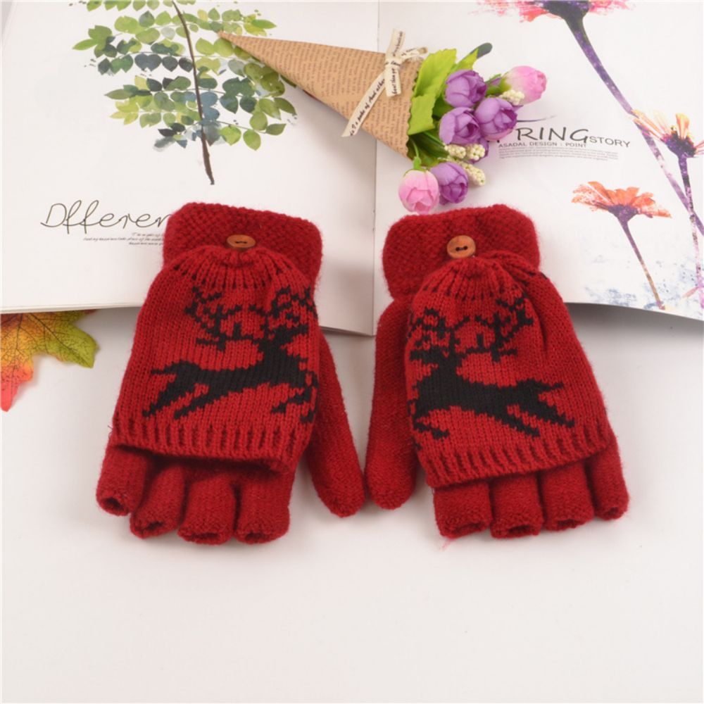 Gloves Female Adult Winter Fingerless Flip Fawn Half Finger Warm Knitted Gloves -