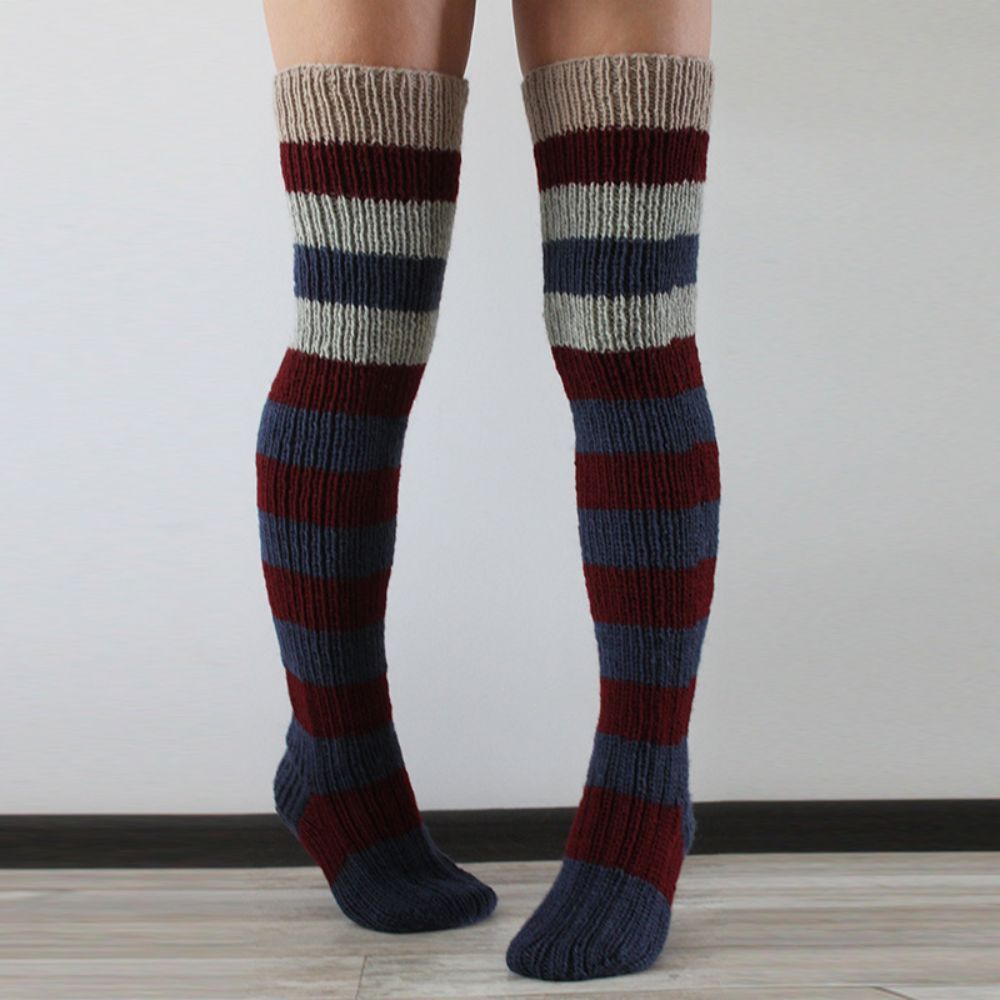 Women Winter Leg Warmers Striped Over The Knee Knitted Pile Socks -