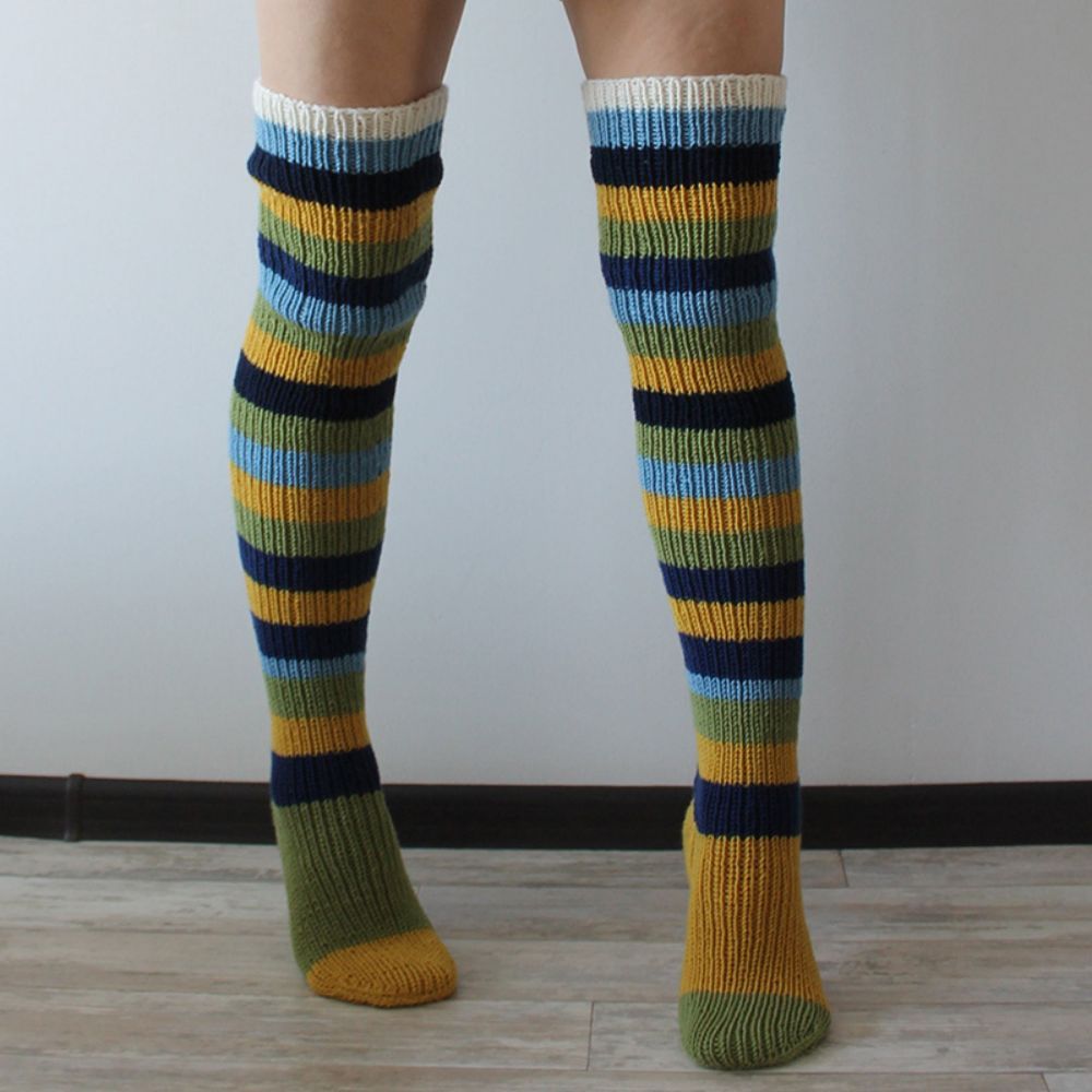 Women Winter Leg Warmers Striped Over The Knee Knitted Pile Socks -
