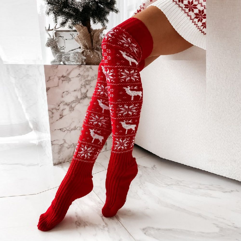 Christmas Snowflake Elk Long Tube Knitted Over The Knee Pile Women Socks -