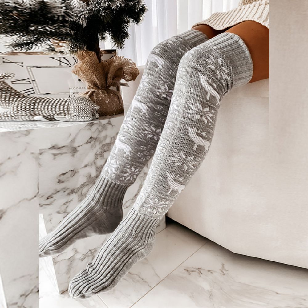 Christmas Snowflake Elk Long Tube Knitted Over The Knee Pile Women Socks -