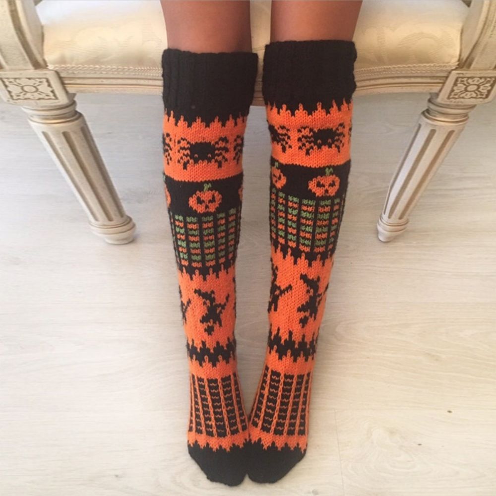 Halloween Orange Spider Witch Pumpkin Over The Knee Tube Pile Of Womens Socks -