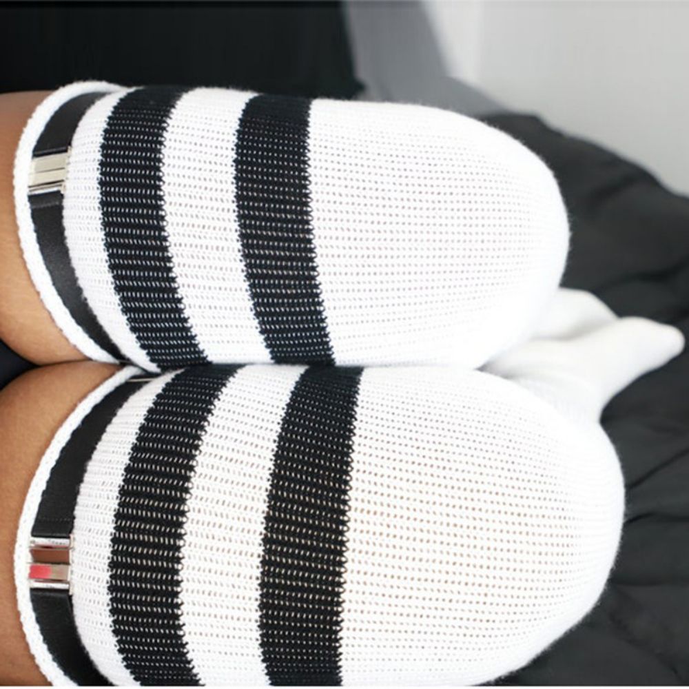 Women Winter Leg Warmers Large Size Three Bars Striped Fashion Long Tube Over Knee Pile Socks -