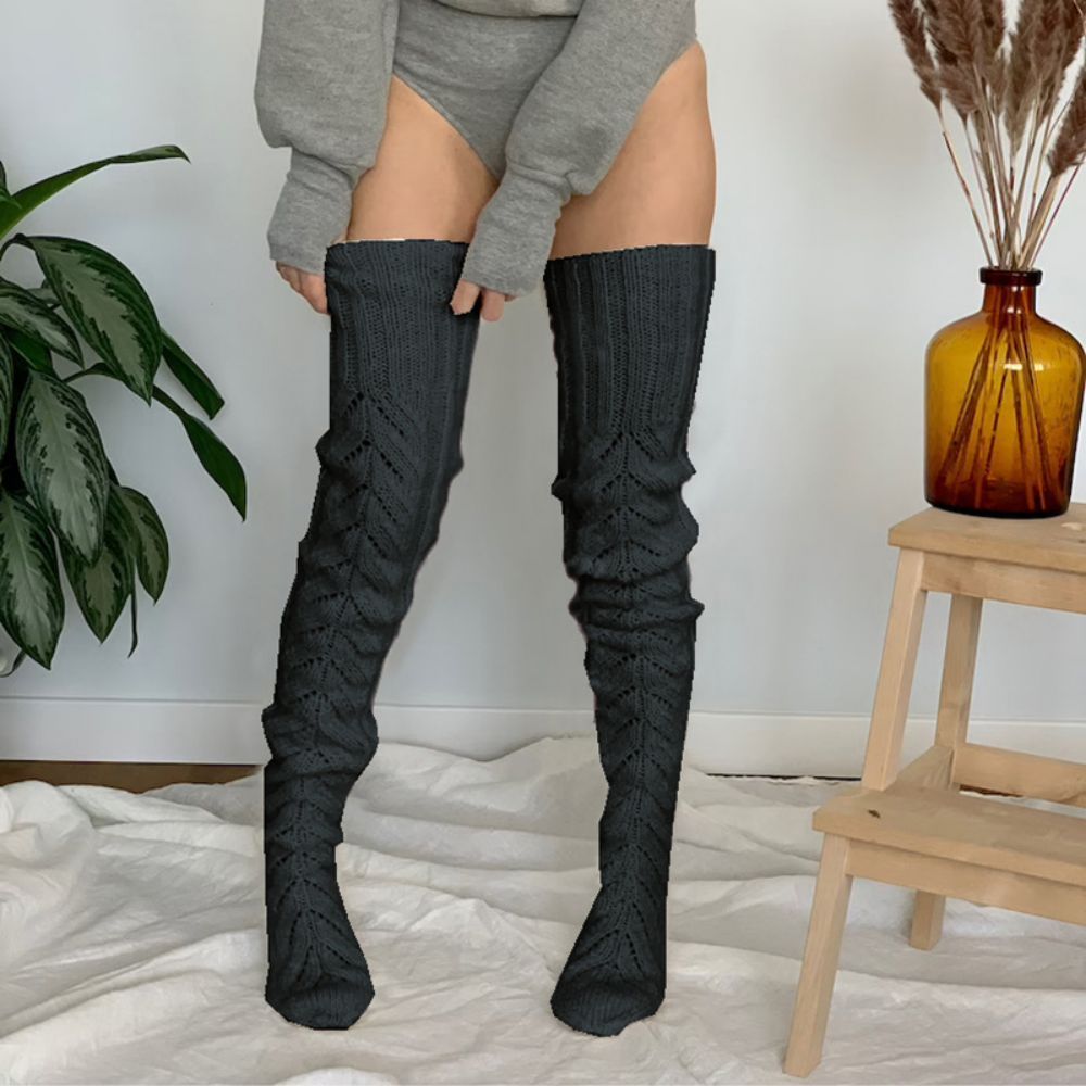 Winter Solid Color Hollow Mesh Long Tube Over The Knee Pile Socks Womens Knitted Socks -