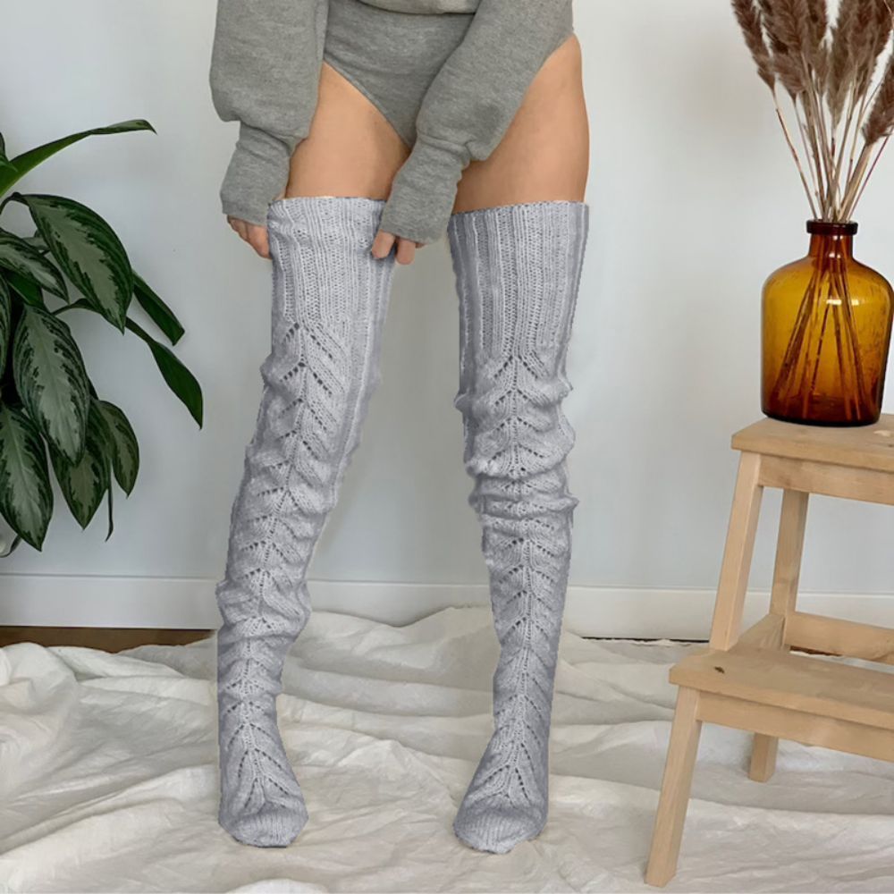 Winter Solid Color Hollow Mesh Long Tube Over The Knee Pile Socks Womens Knitted Socks -