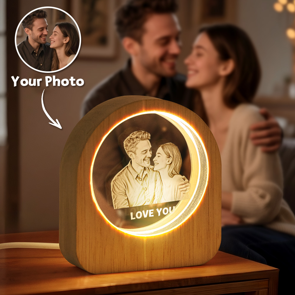 Custom Crystal Picture Photo Glass Night Light - LED Light Wooden Base, Unique Gift for Lover, Pets, Birthday