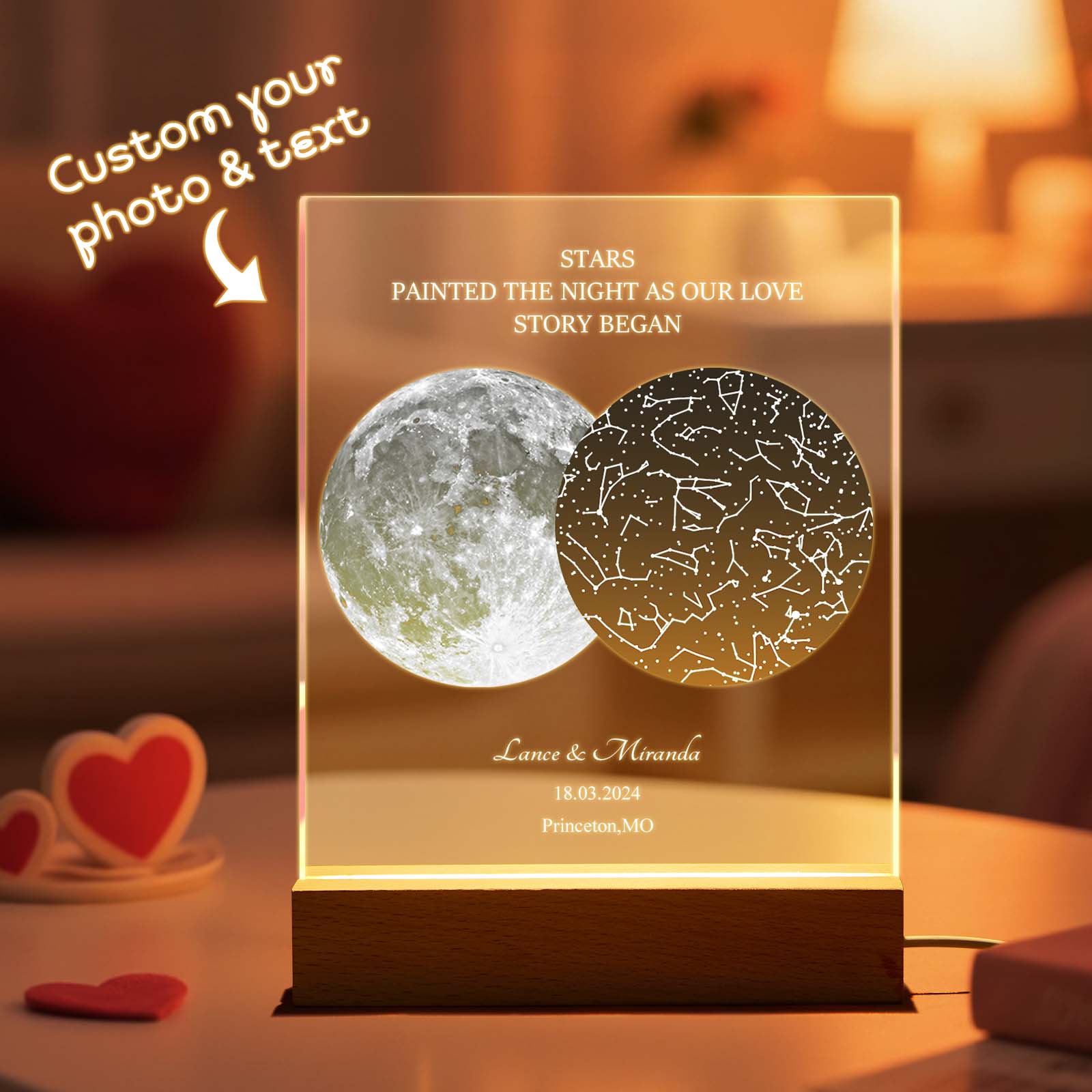 Personalized Moon & Star Map Acrylic Night Light – Custom Photo & Text Romantic Valentine's Gift