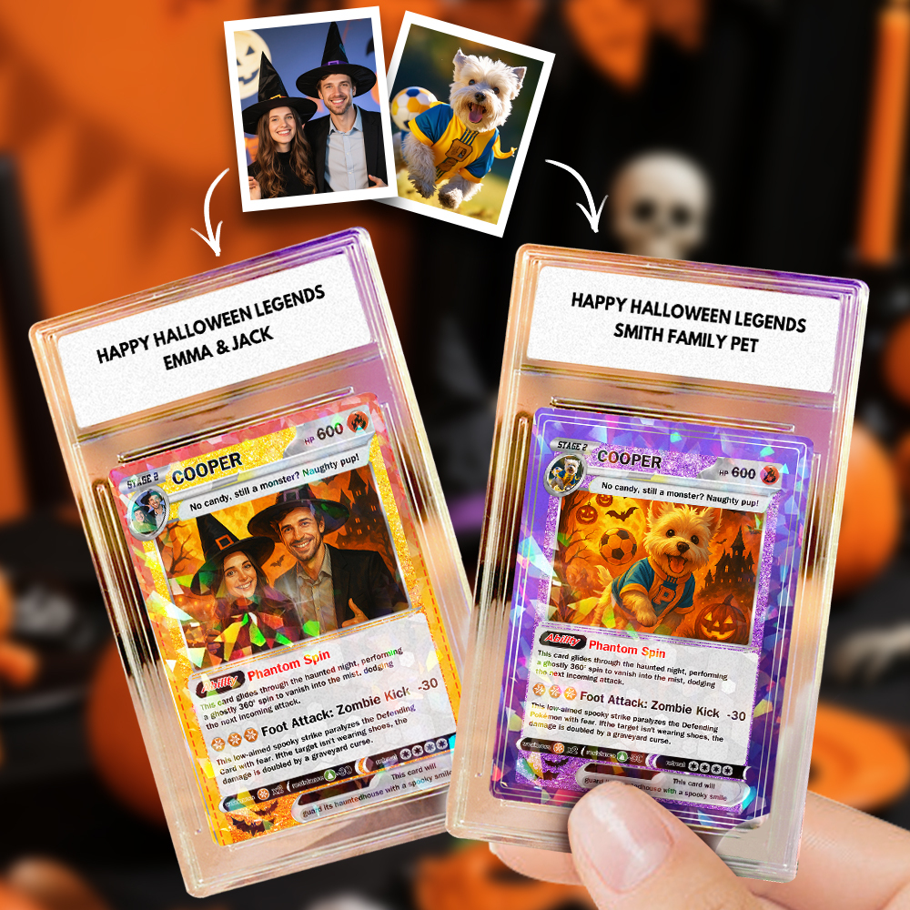 Custom Halloween & Christmas Couple Card – Personalized Cartoon Trading Card with Photo & Name, Unique Holiday Gift for Him & Her - GetPhotoSocksUk