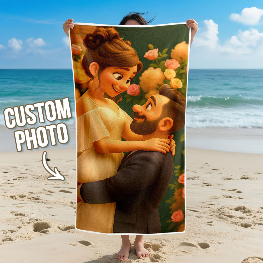 Custom Photo Beach Towel with Cartoon Design Personalized Wedding & Anniversary Gift - GetPhotoSocksUk