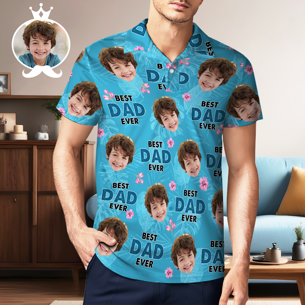 Custom Face Polo Hawaiian Blue Golf Polo Shirt Best Dad Ever Men's Polo Shirt Fathers Day Gift - GetPhotoSocksUk
