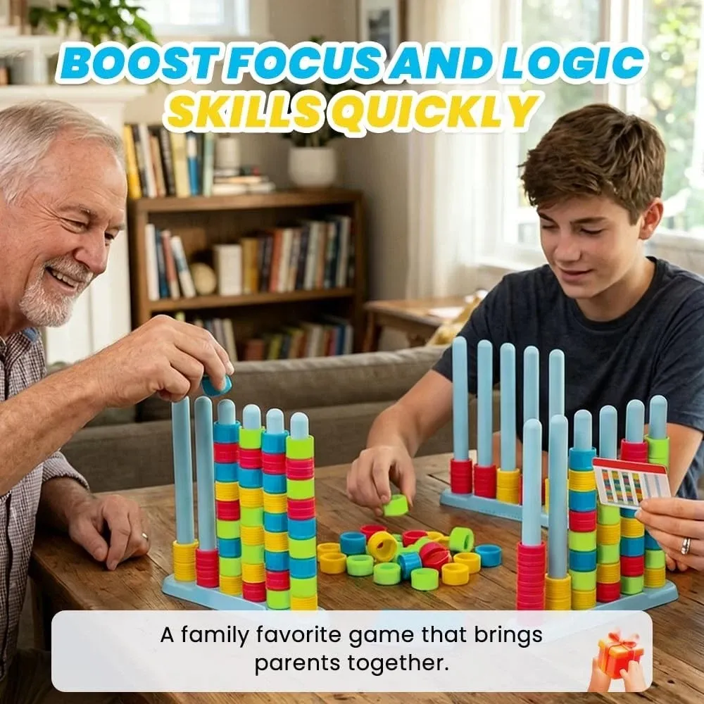 Stack Challenge - Fast-Paced Color Matching Puzzle Game for Fun Parties & Family Game Night Includes 2 Stack Racks 50 Challenge Cards 80 Rings & Instructions - GetPhotoSocksUk