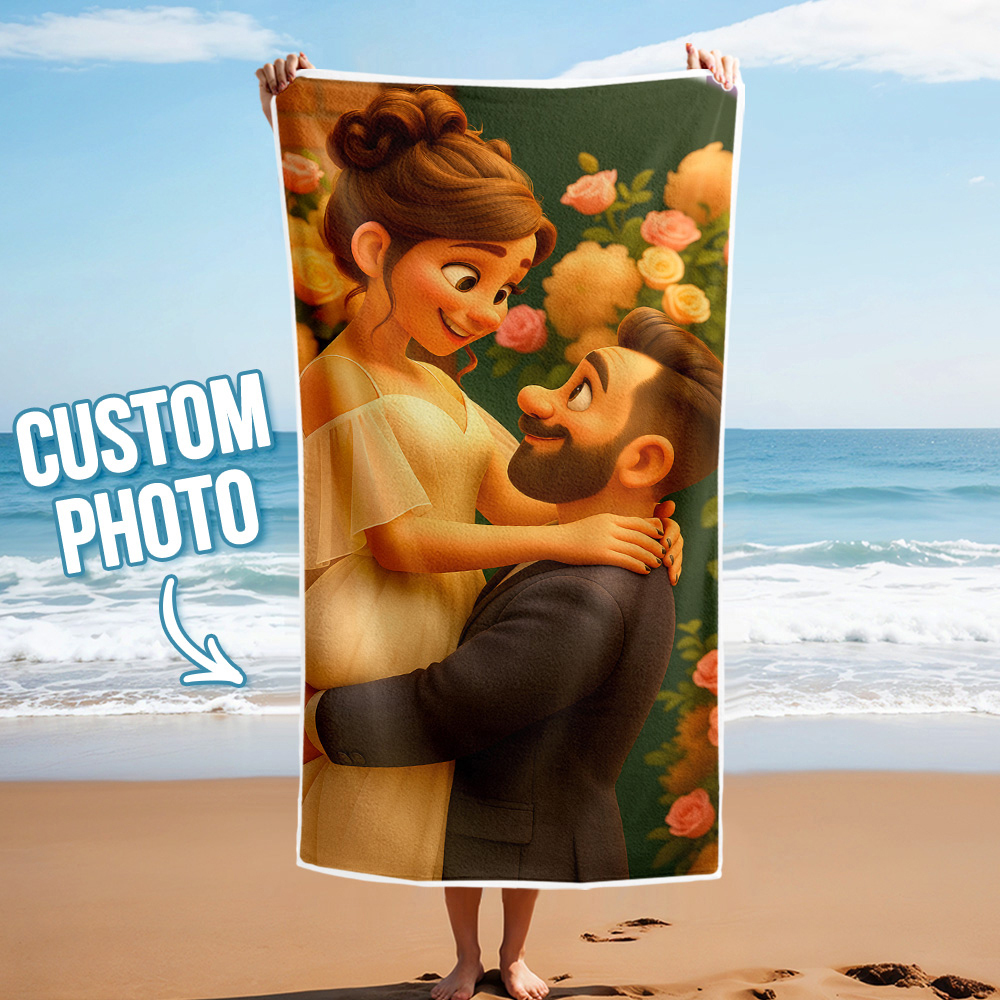 Custom Photo Beach Towel with Cartoon Design Personalized Wedding & Anniversary Gift - GetPhotoSocksUk