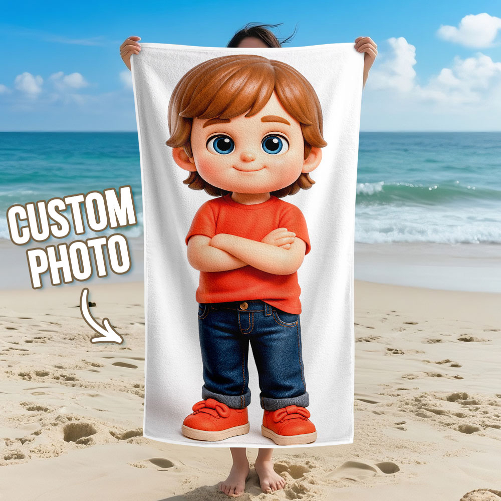 Custom Photo Beach Towel with Cartoon Design Personalized Wedding & Anniversary Gift - GetPhotoSocksUk