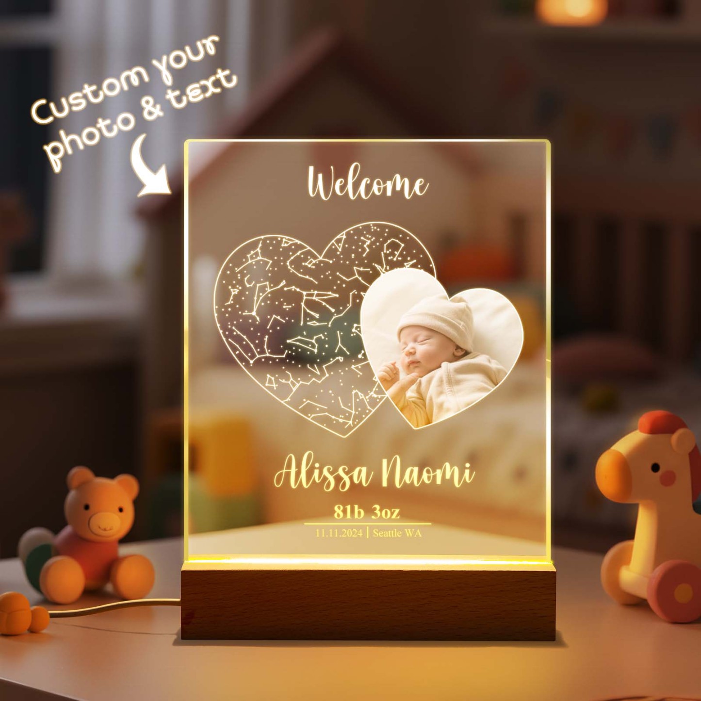 Personalized Moon & Star Map Acrylic Night Light – Custom Photo & Text Romantic Valentine's Gift - GetPhotoSocksUk